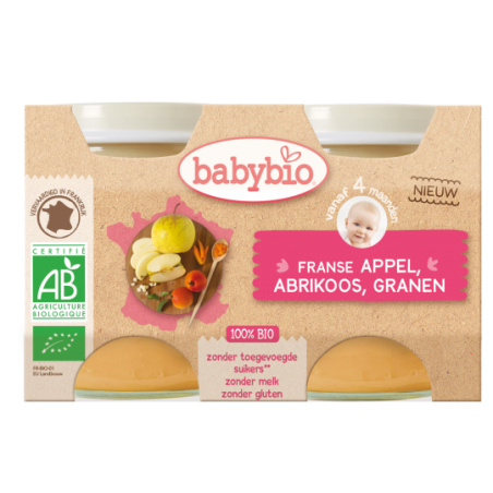 Babybio Babybio Appel - Abrikoos - Granen (vanaf 4 maanden) 2 stuks Bio