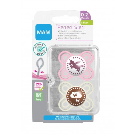 MAM Perfect Start fopspeen Silikon 0-2 roze eenhoorn en vlinder - Babyboom Shop
