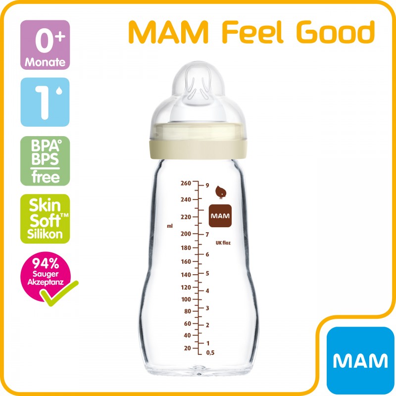 MAM Feel Good Biberon en verre (170 ml), biberon stable à large ouverture,  avec tétine Taille 1, dès la naissance, hérisson/écureuil : : Bébé  et Puériculture