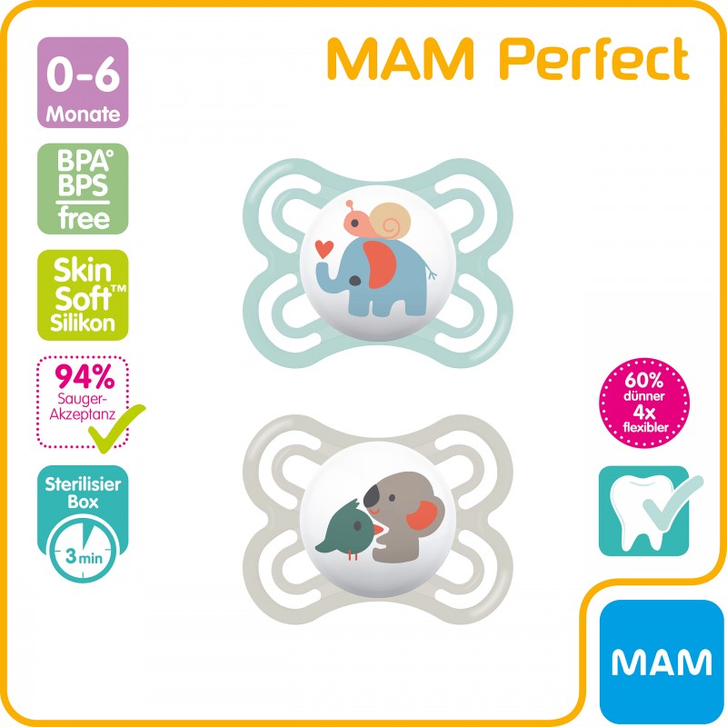 MAM Sucette Perfect Silicone 0-6 éléphant - Babyboom Shop