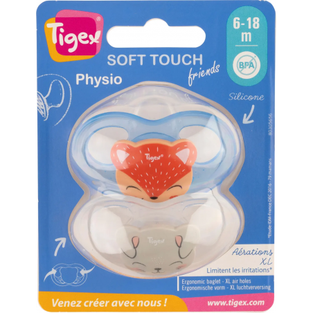 Tigex Sucettes SOFT TOUCH Silicone Ours-Chat  2 pièces